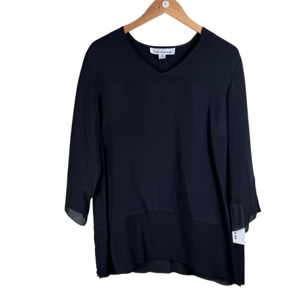 Caroline Rose NWT Solid Black 100% Silk V-neck 3/4 Sleeve Simple Tunic Blouse - Picture 8 of 12